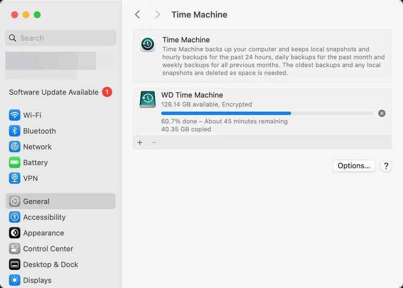 review the configured time machine backup disk in mac settings