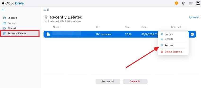 recover a recently deleted document from icloud drive