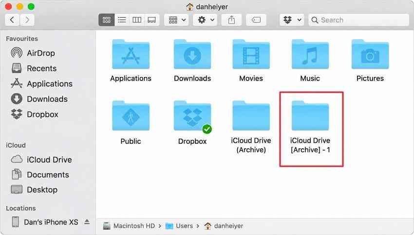 locate icloud drive archive folders in finder