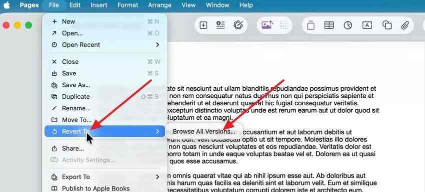 open browse all versions from the pages revert to menu