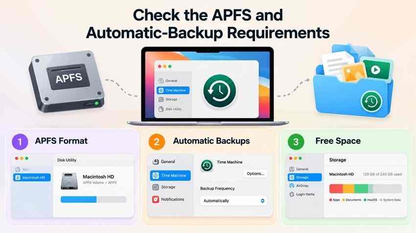 check apfs format automatic backups and available mac storage