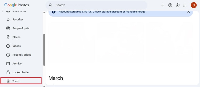 navigate to trash of google photos