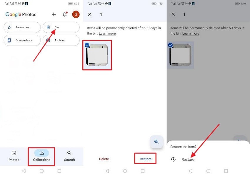 access google photos bin and restore