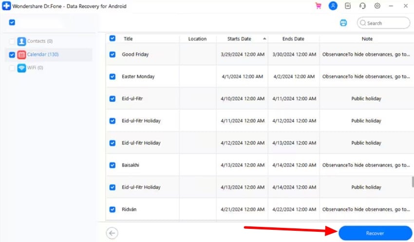 select location for recovered data