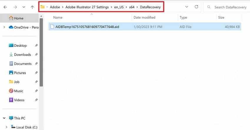 locate windows illustrator recovery folder