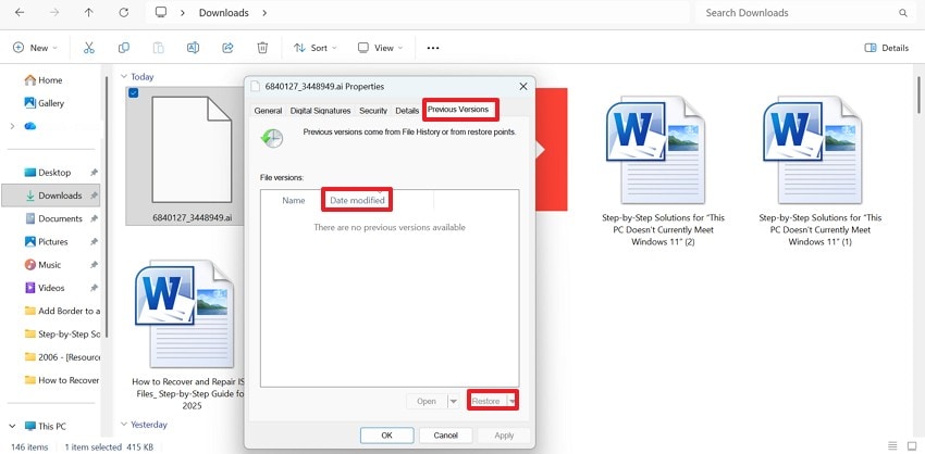retrieve file from previous versions