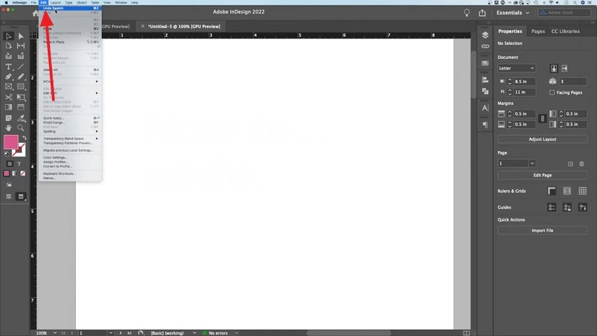 undo actions in indesign