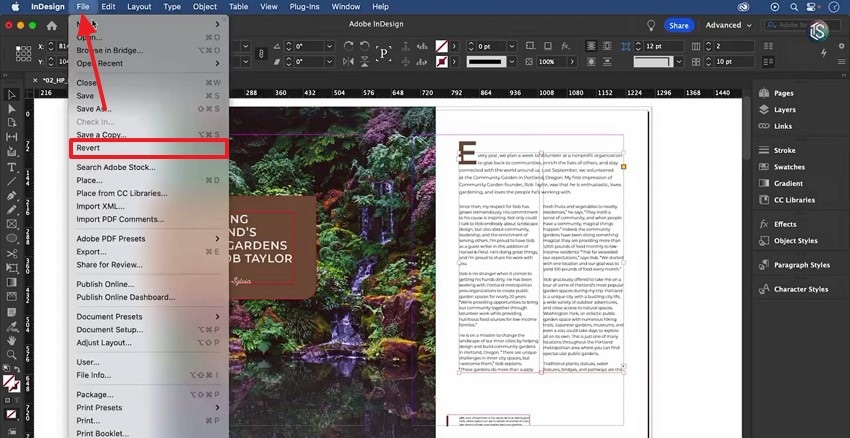 revert files in indesign