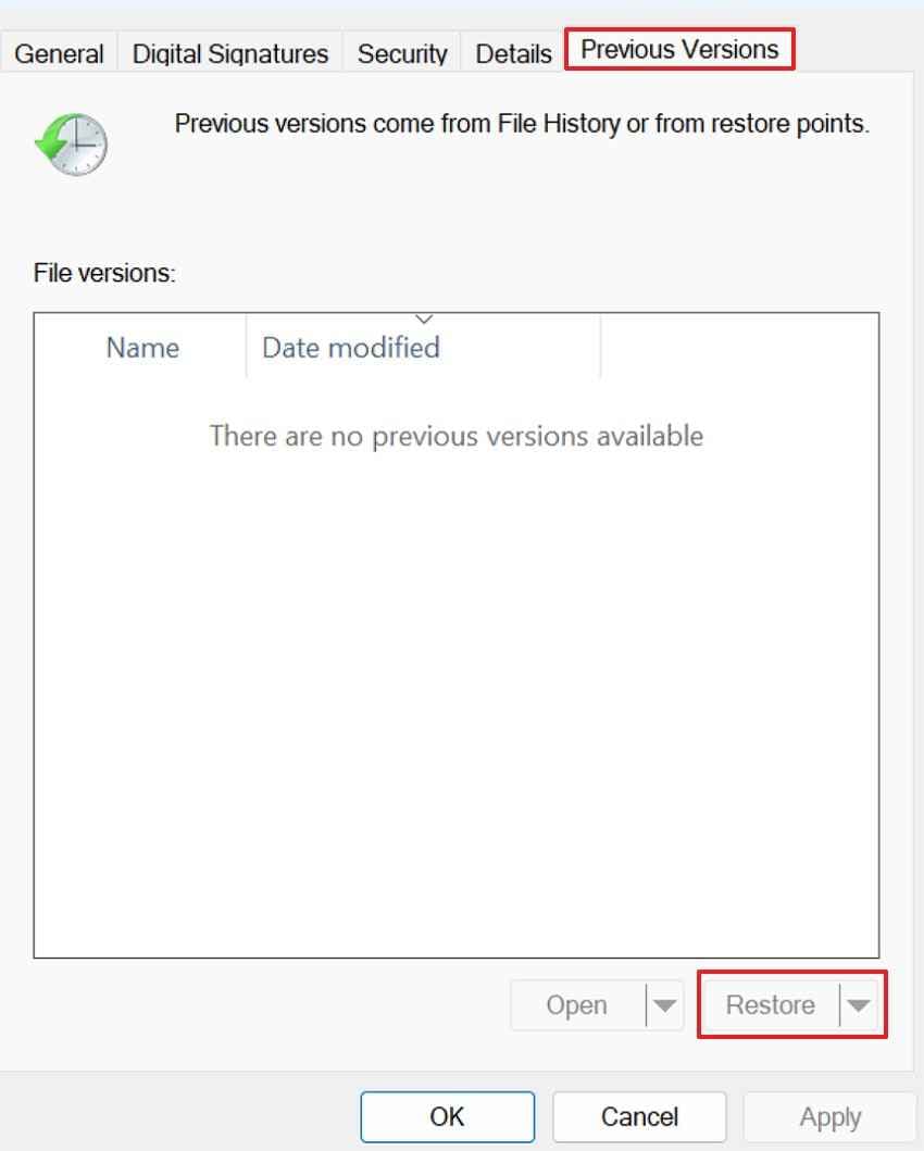 restore older folder version