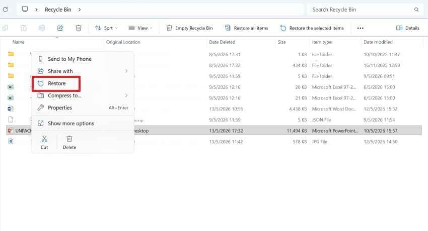 restore files from recycle bin