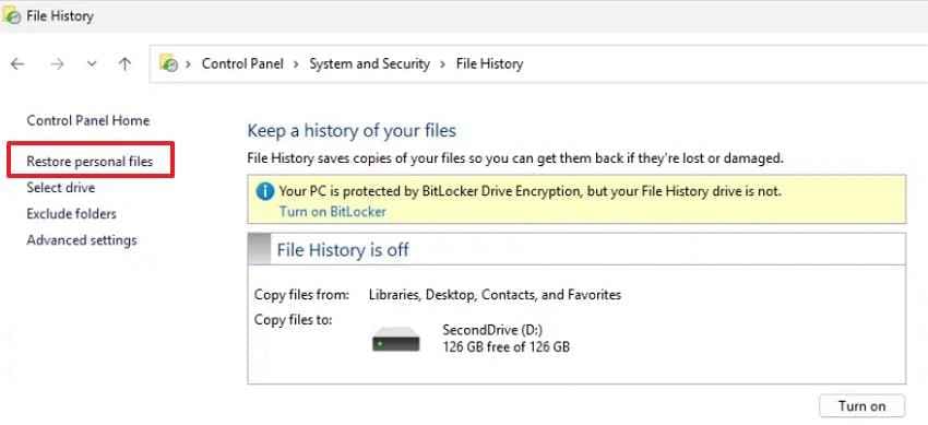 reach file history backup timeline