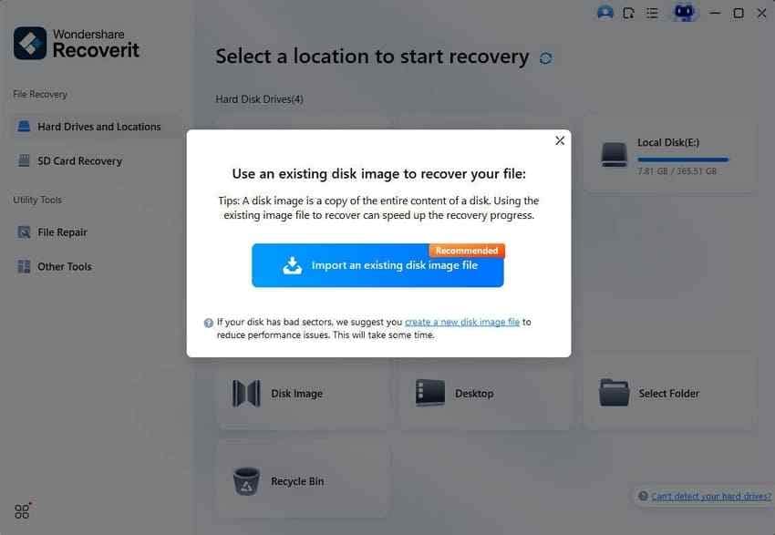 use recovery tool scan disk image