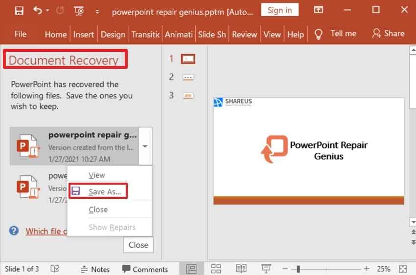 use document recovery pane