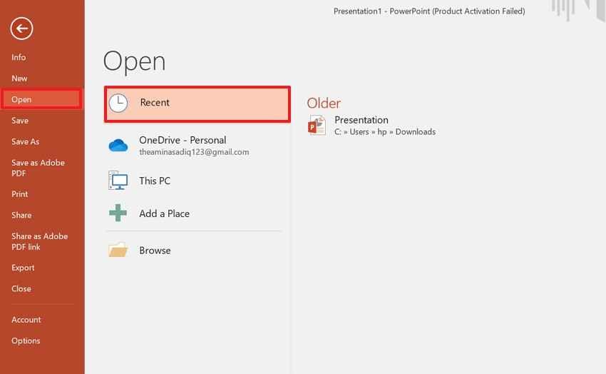 check recent powerpoint files