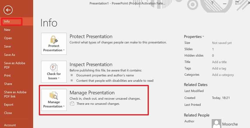 select manage presentation option