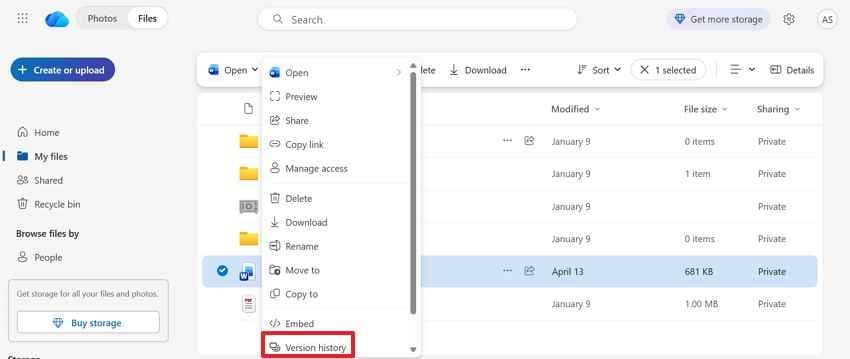 OneDrive Word 파일 버전 기록 열기