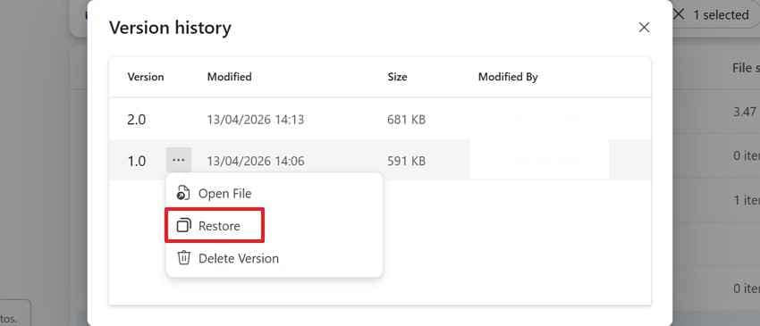 OneDrive 이전 Word 버전 복원
