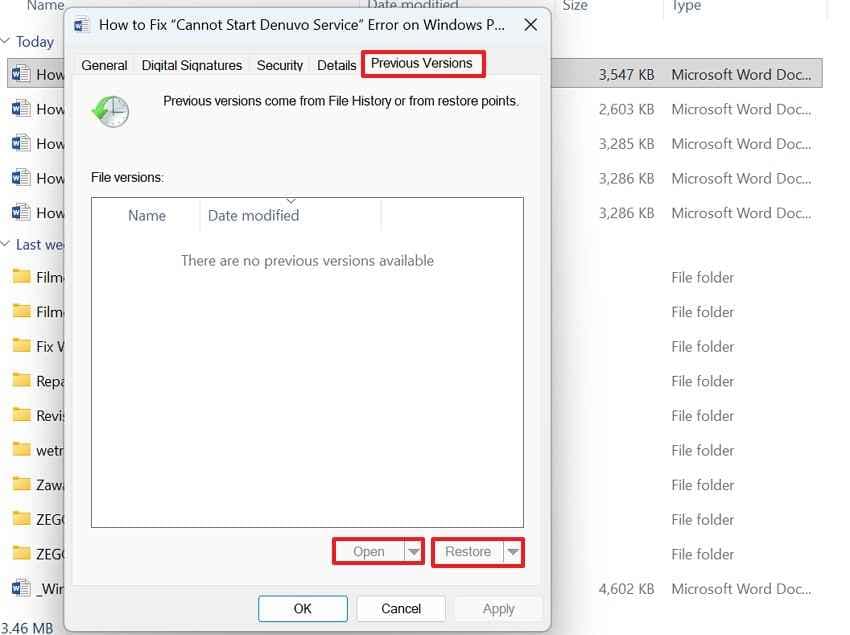 Windows 이전 버전에서 Word 파일 복원