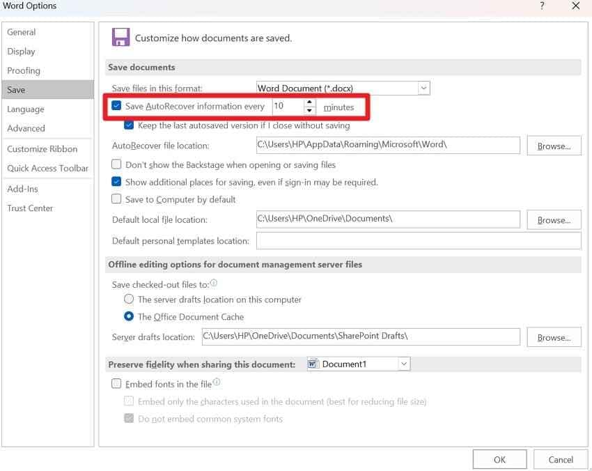 check word autorecover save interval