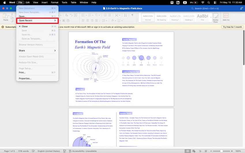 use word recent files menu