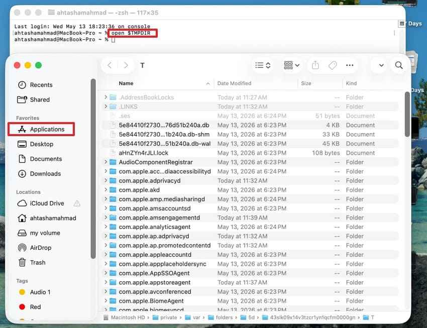 run mac temporary folder command