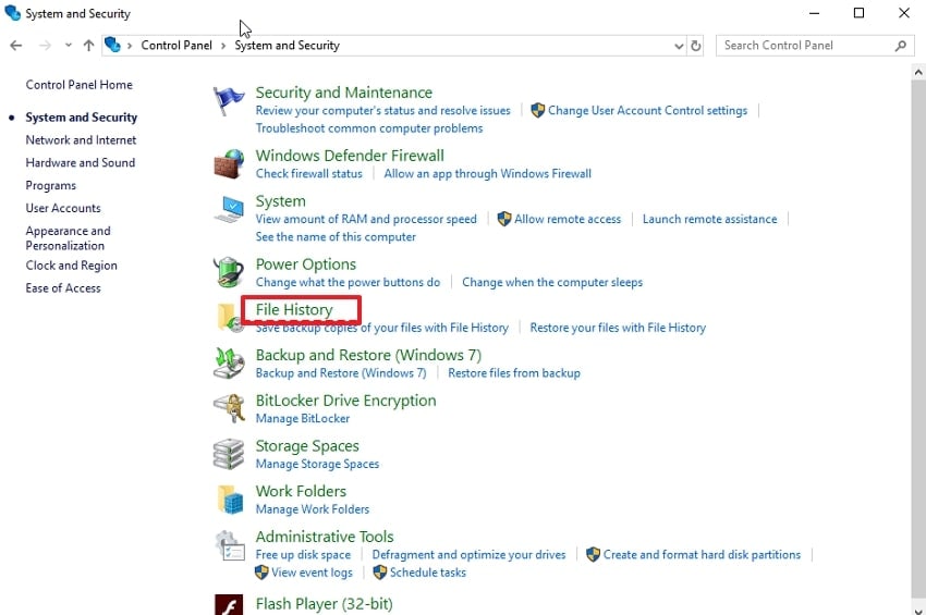 access file history control panel