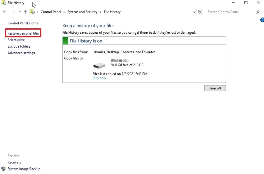 select restore personal files