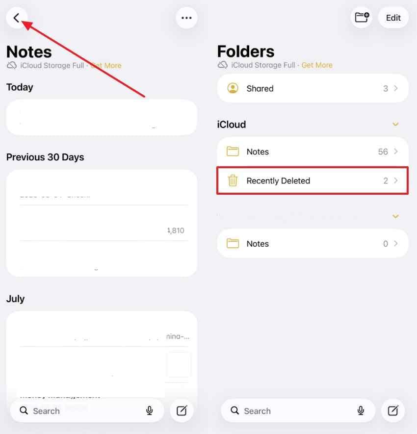 open recently deleted notes folder