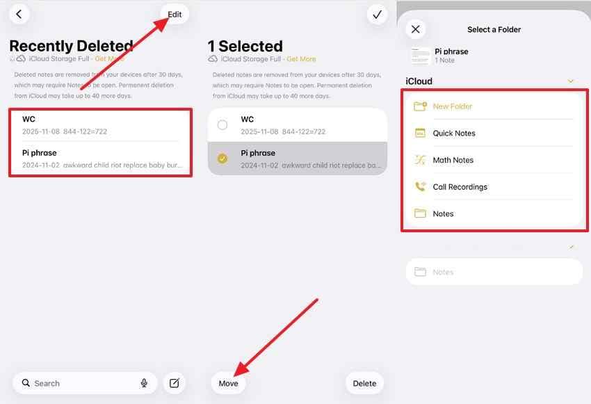 move deleted note to folder