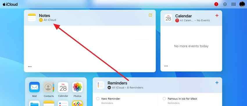 open notes from icloud website