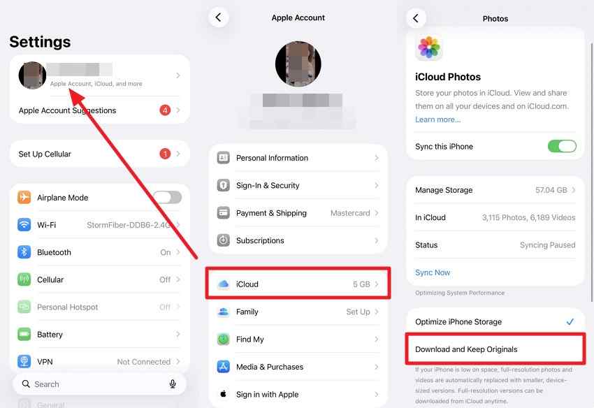 icloud photos download originals settings