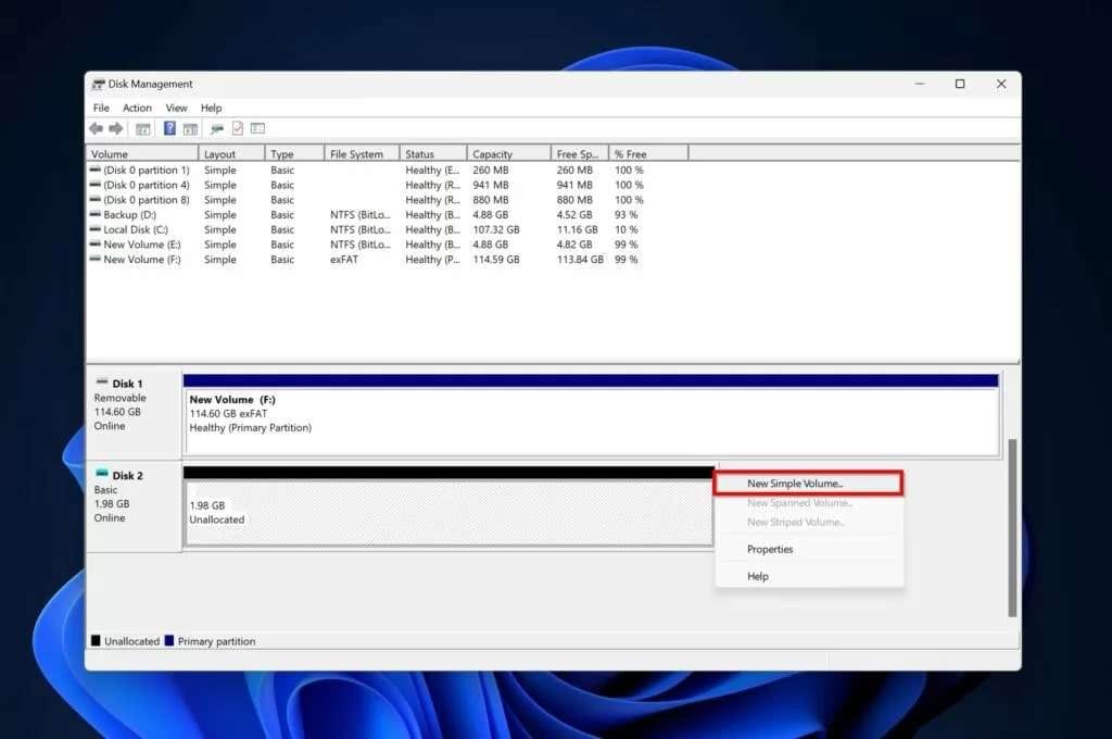 repair partition table new simple volume