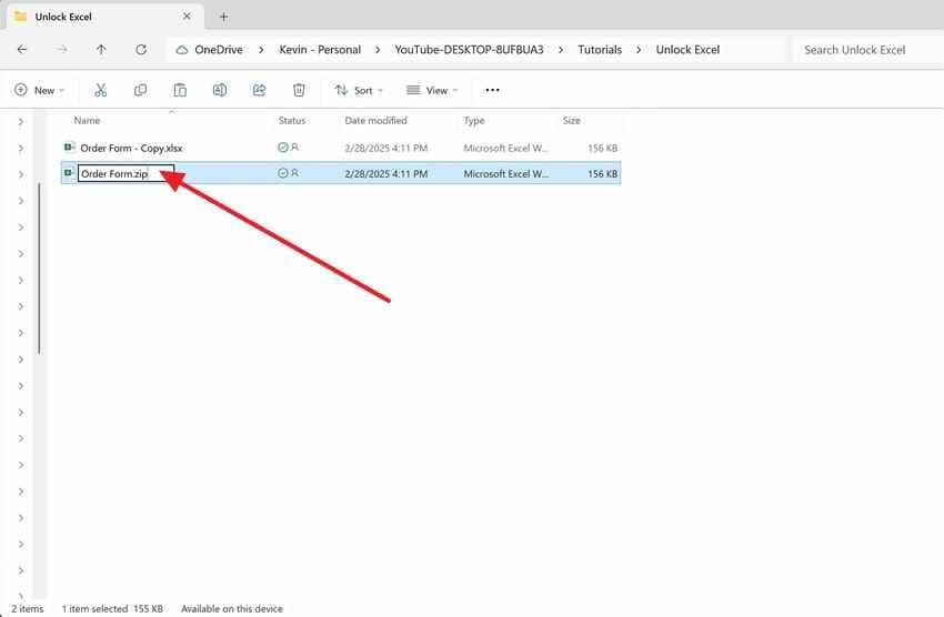 Excel 파일 복사본을 ZIP 파일로 이름 변경하기