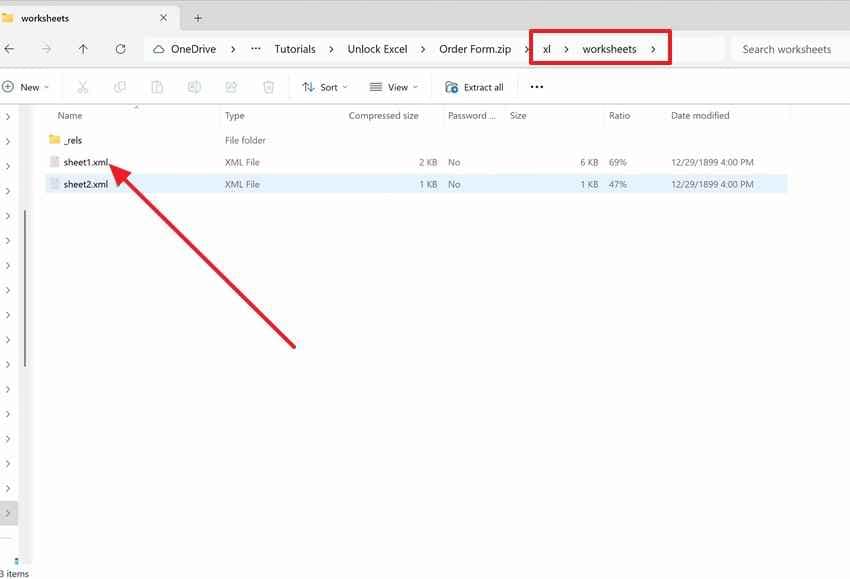 Excel ZIP 파일에서 worksheets XML 폴더 열기