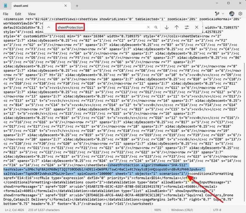 Excel XML 파일에서 sheetProtection 항목 제거하기