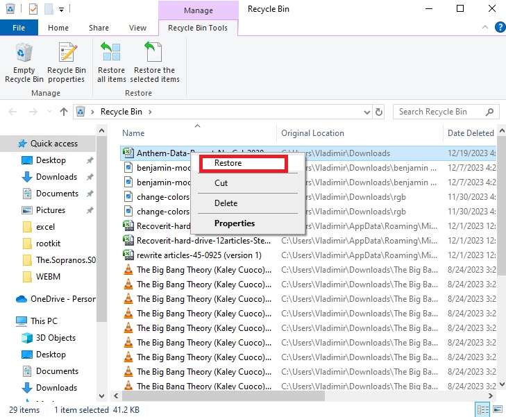 restoring excel files from recycle bin 