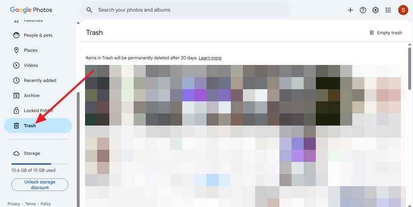 google photos trash folder on computer