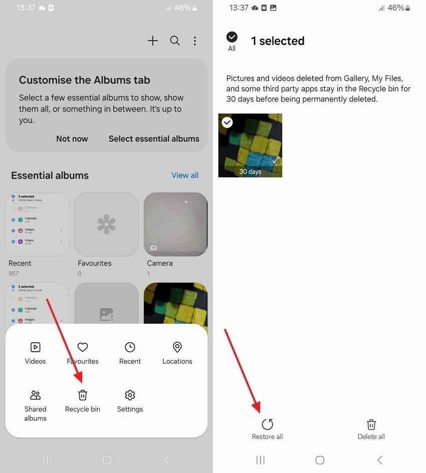 samsung gallery recycle bin and restore action