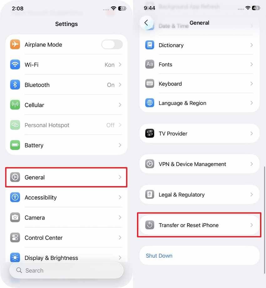 access transfer or reset iphone