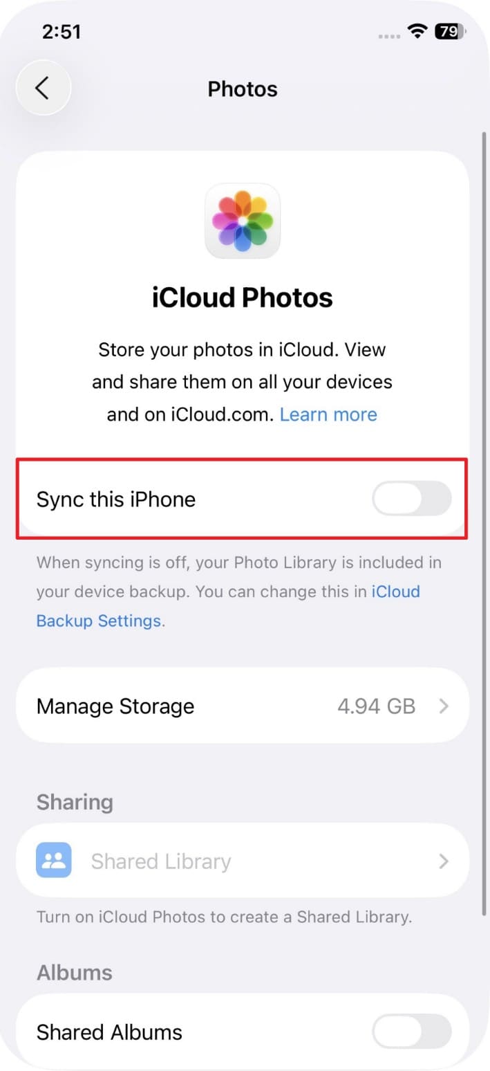 check icloud photos toggle