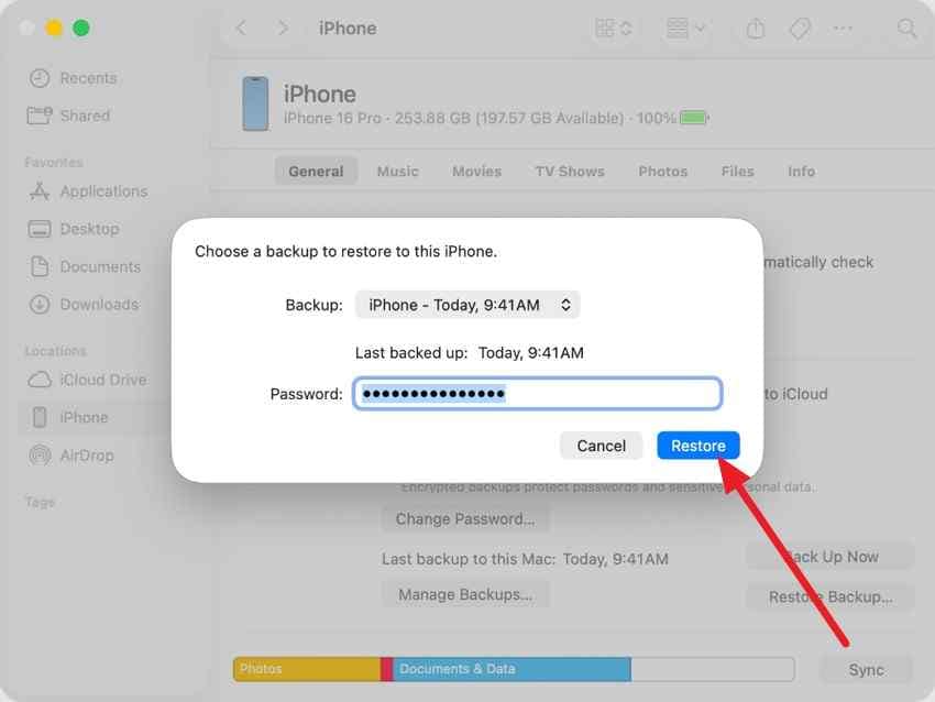 select iphone backup to restore