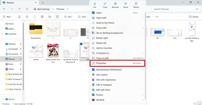enter properties of lost image