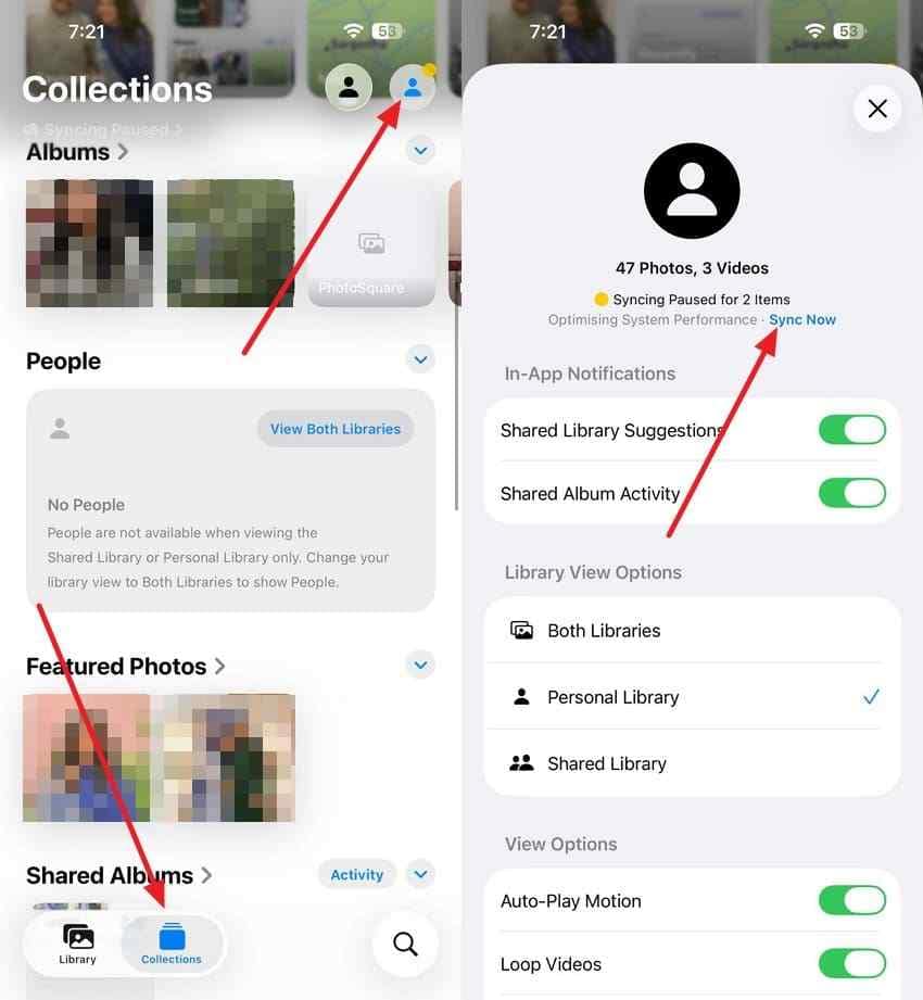 icloud photos sync status screen