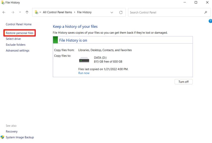 locate restore previous files interface