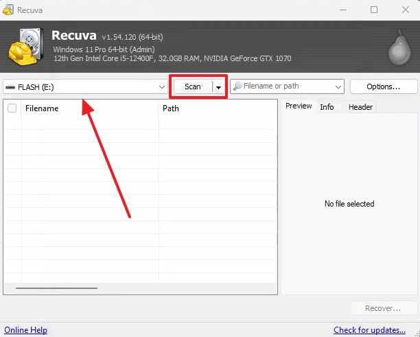 choose memory card on recuva