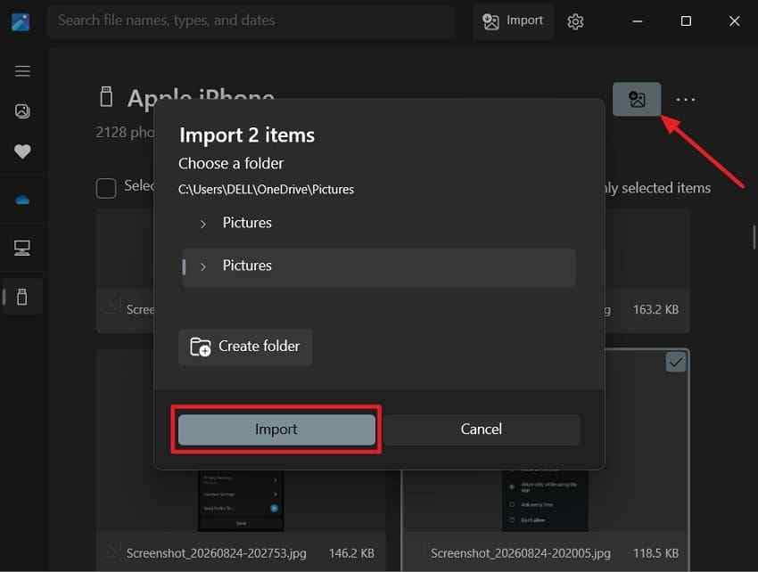 select destination for imported photos