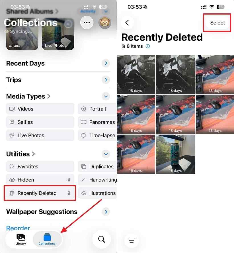 open recently deleted photo album