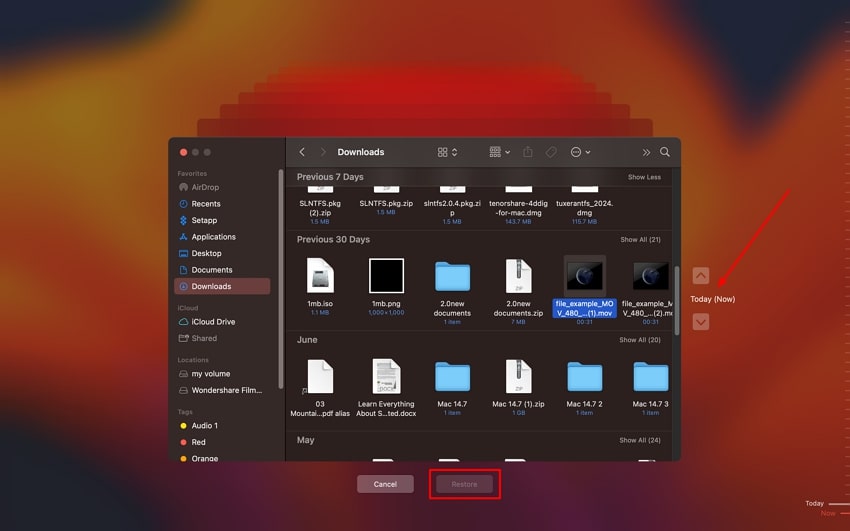 tap restore to recover quicktime recording