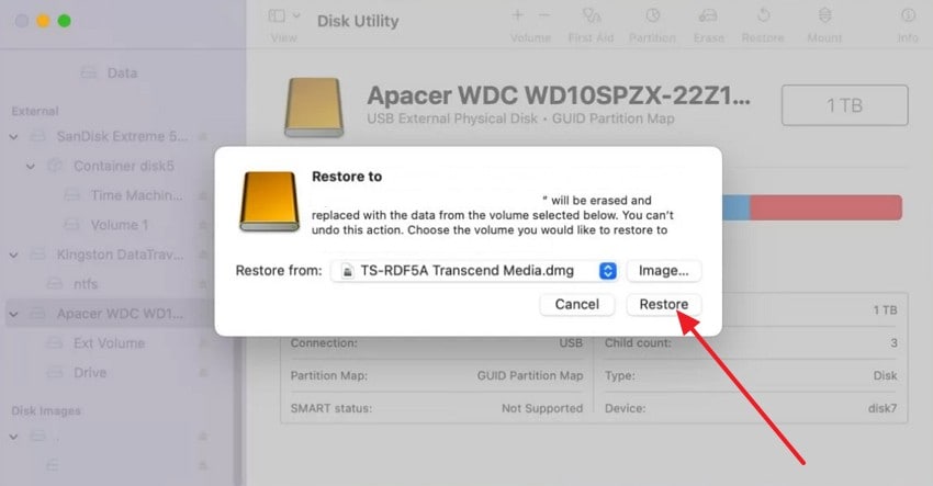 choose the restore button