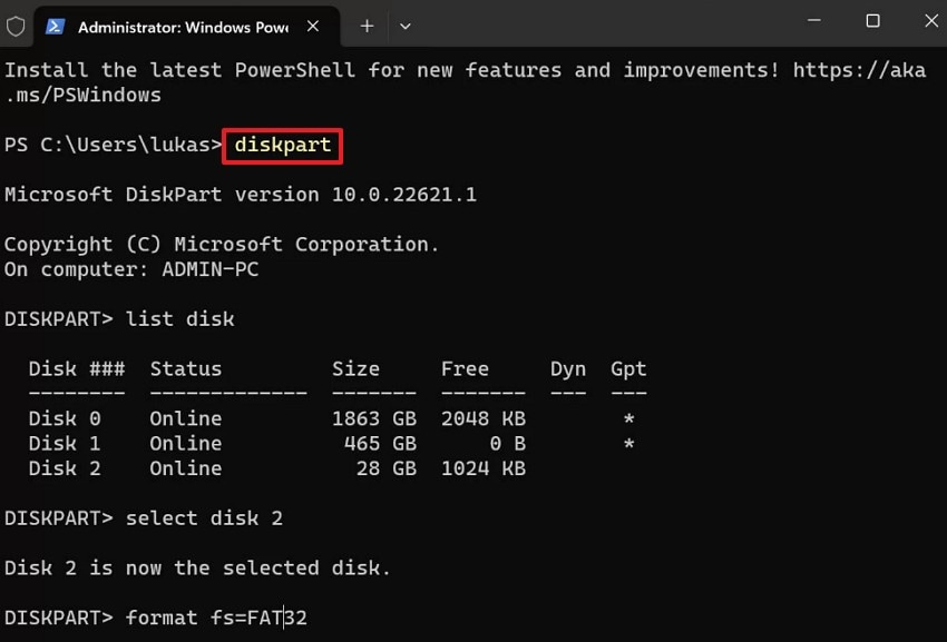 enter the diskpart command